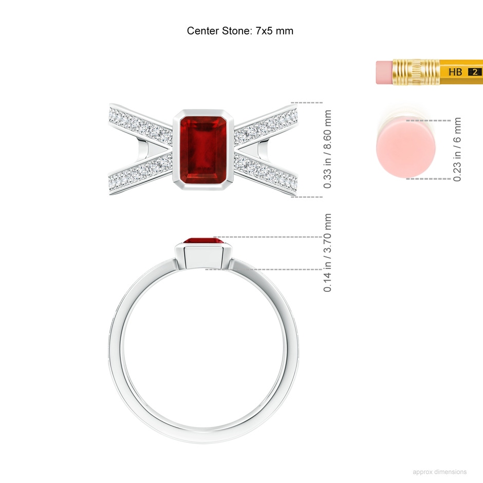 7x5mm AAAA Emerald-Cut Ruby Criss Cross Solitaire Ring in P950 Platinum ruler