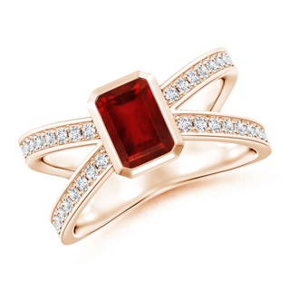7x5mm AAAA Emerald-Cut Ruby Criss Cross Solitaire Ring in Rose Gold
