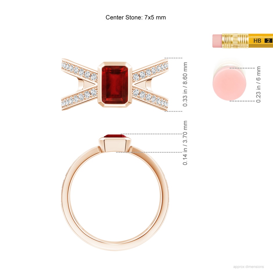 7x5mm AAAA Emerald-Cut Ruby Criss Cross Solitaire Ring in Rose Gold ruler