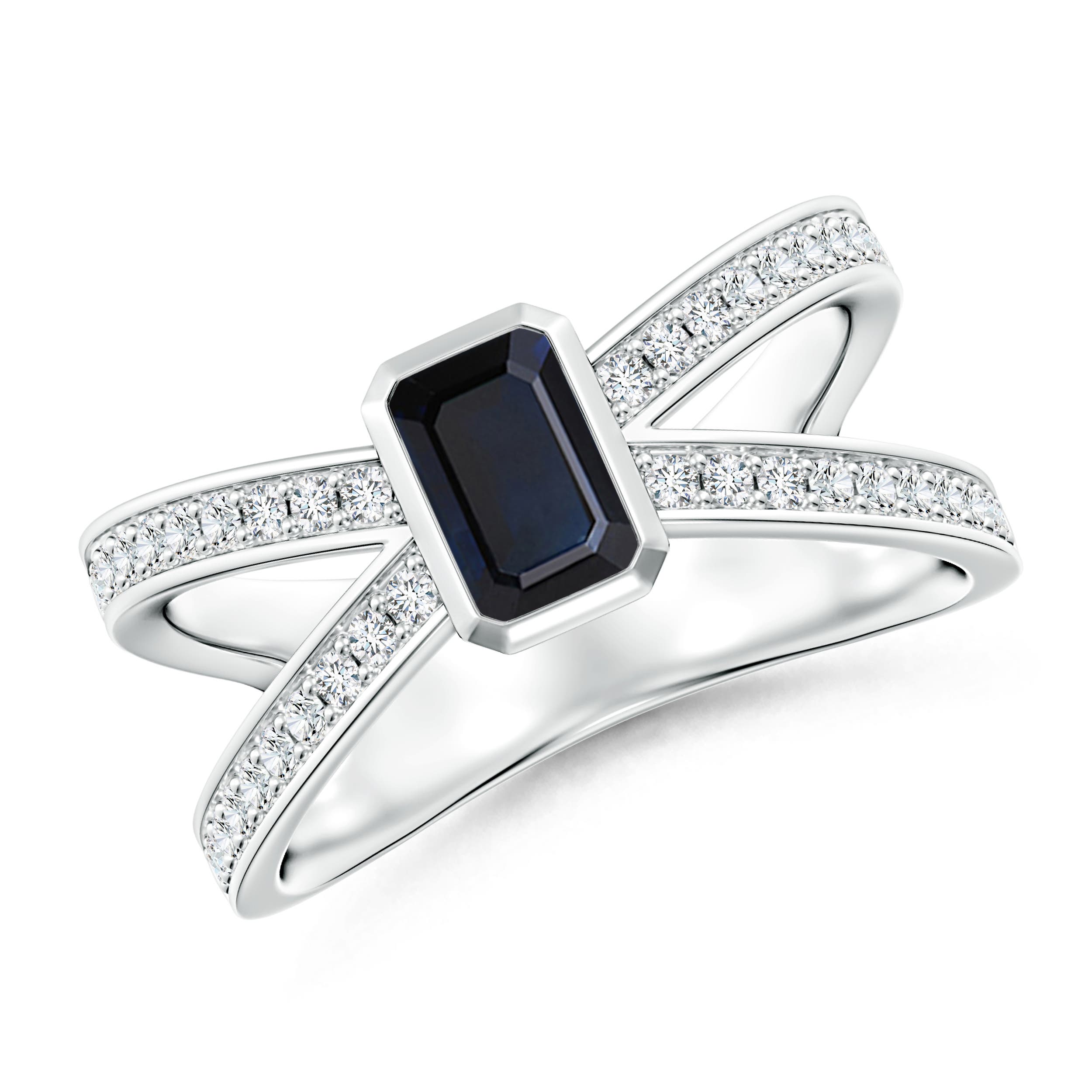6x4mm A Emerald-Cut Blue Sapphire Criss Cross Solitaire Ring in P950 Platinum