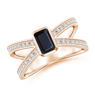 6x4mm A Emerald-Cut Blue Sapphire Criss Cross Solitaire Ring in Rose Gold