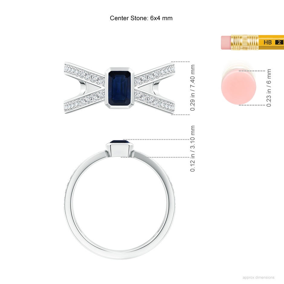 6x4mm AA Emerald-Cut Blue Sapphire Criss Cross Solitaire Ring in White Gold ruler