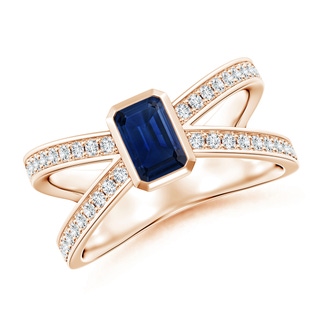 6x4mm AAA Emerald-Cut Blue Sapphire Criss Cross Solitaire Ring in Rose Gold