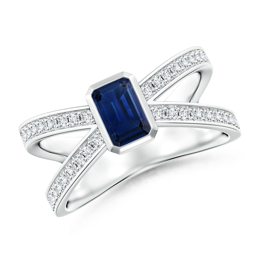 6x4mm AAA Emerald-Cut Blue Sapphire Criss Cross Solitaire Ring in White Gold