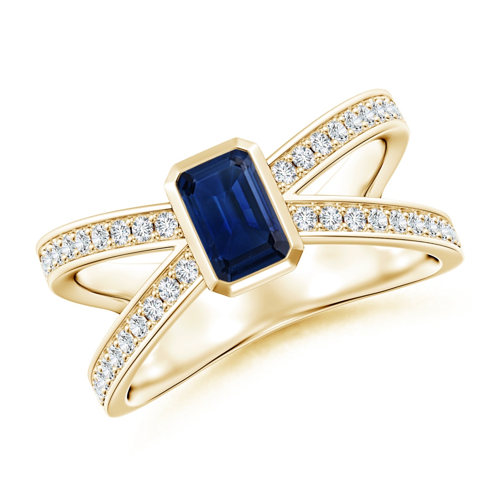 6x4mm AAA Emerald-Cut Blue Sapphire Criss Cross Solitaire Ring in Yellow Gold