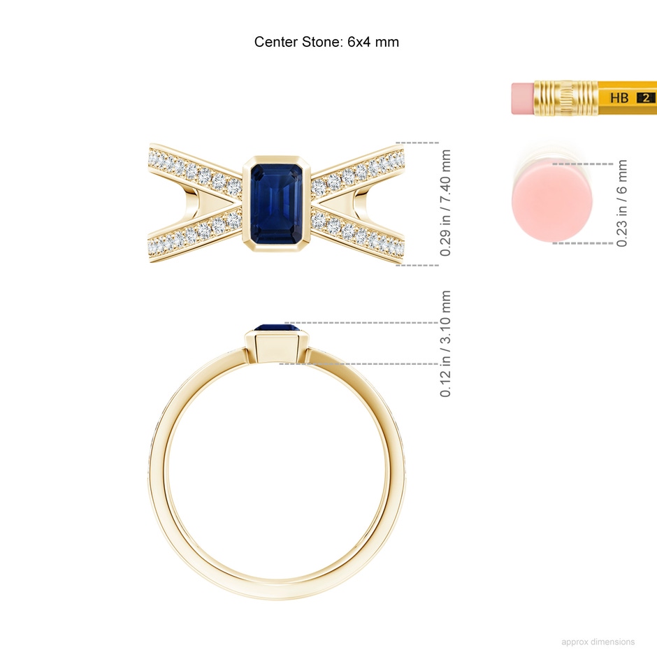 6x4mm AAA Emerald-Cut Blue Sapphire Criss Cross Solitaire Ring in Yellow Gold ruler