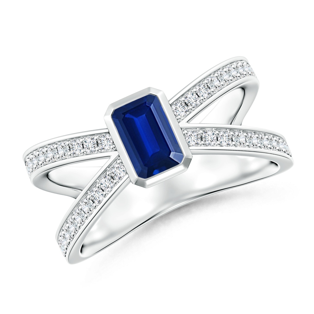 6x4mm AAAA Emerald-Cut Blue Sapphire Criss Cross Solitaire Ring in P950 Platinum