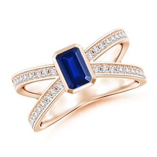 6x4mm AAAA Emerald-Cut Blue Sapphire Criss Cross Solitaire Ring in Rose Gold