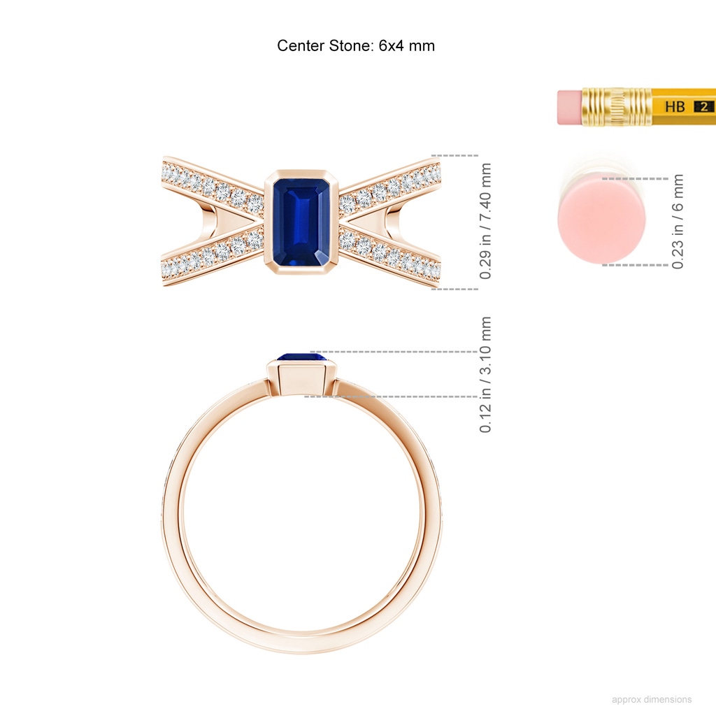 6x4mm AAAA Emerald-Cut Blue Sapphire Criss Cross Solitaire Ring in Rose Gold ruler