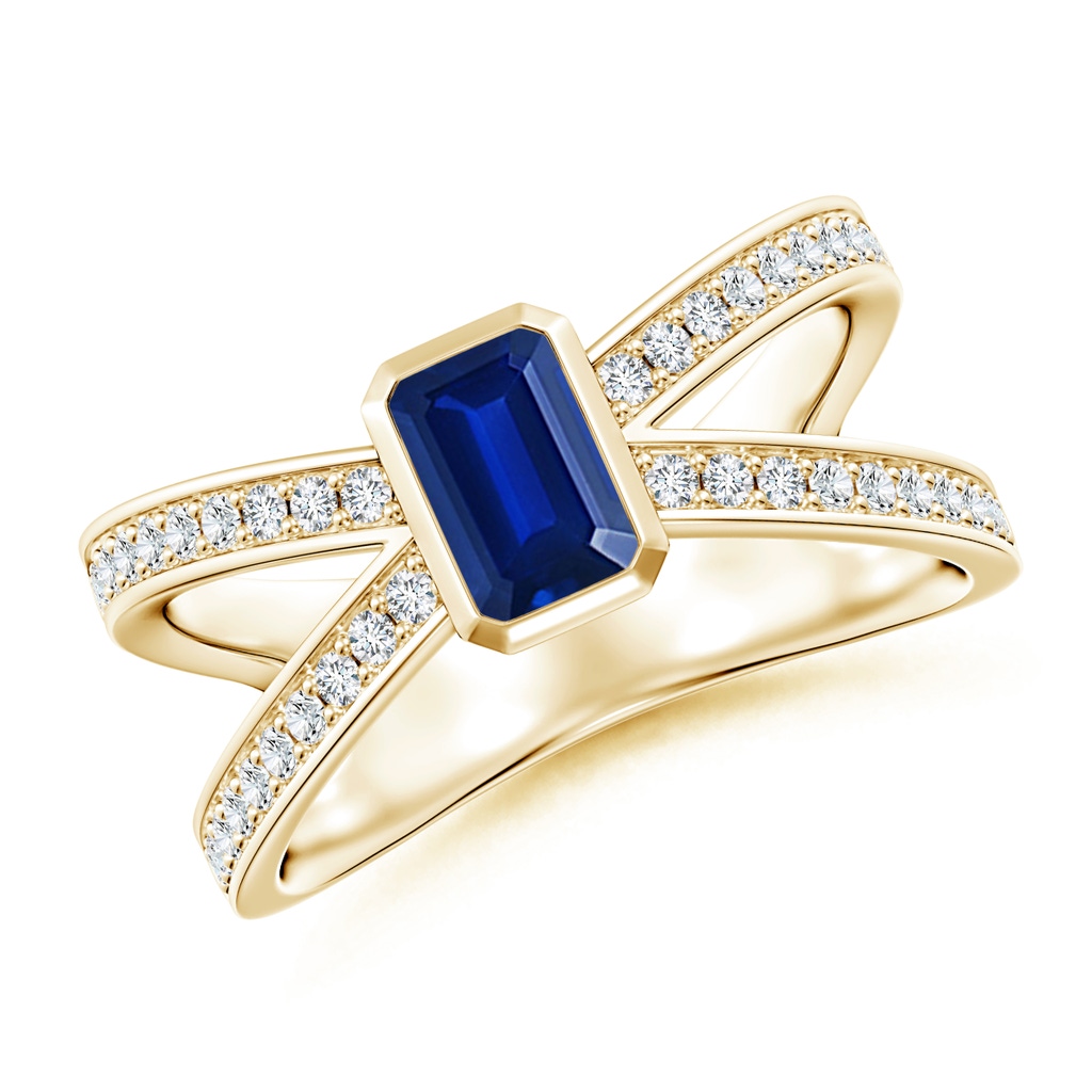 6x4mm AAAA Emerald-Cut Blue Sapphire Criss Cross Solitaire Ring in Yellow Gold