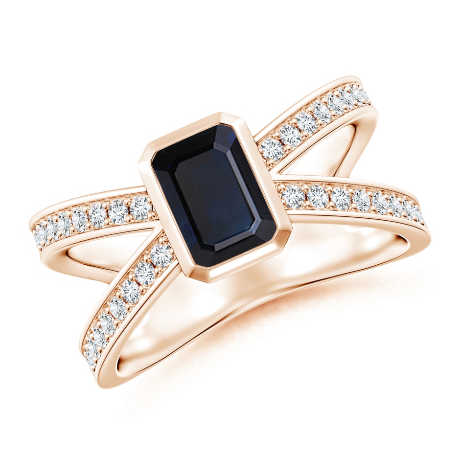 7x5mm A Emerald-Cut Blue Sapphire Criss Cross Solitaire Ring in Rose Gold 