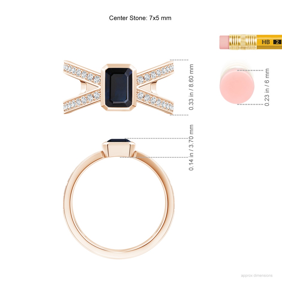 7x5mm A Emerald-Cut Blue Sapphire Criss Cross Solitaire Ring in Rose Gold ruler