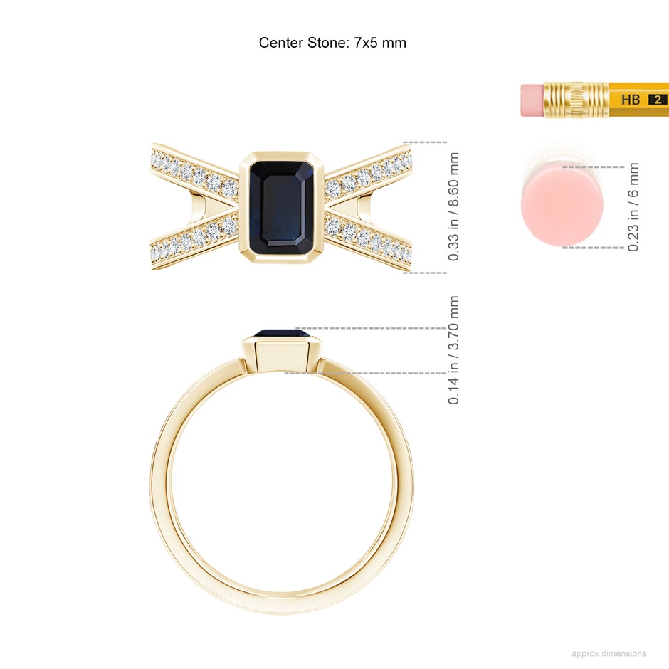 7x5mm A Emerald-Cut Blue Sapphire Criss Cross Solitaire Ring in Yellow Gold ruler
