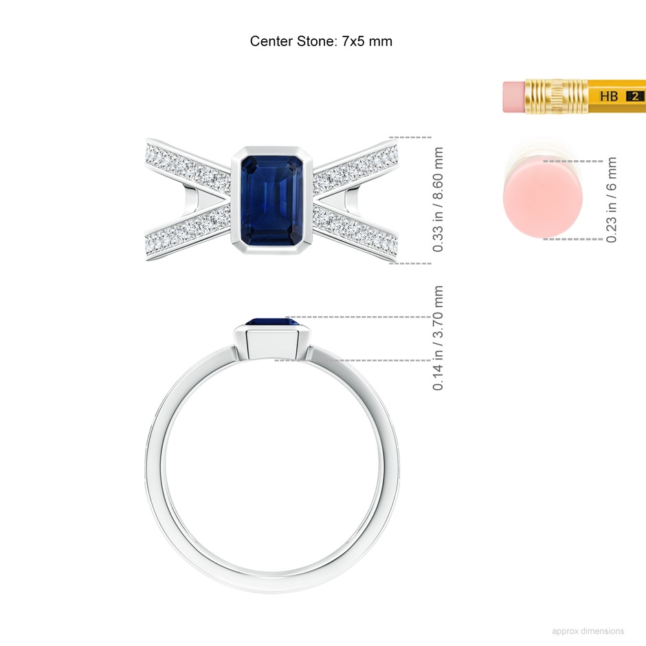 7x5mm AAA Emerald-Cut Blue Sapphire Criss Cross Solitaire Ring in P950 Platinum ruler