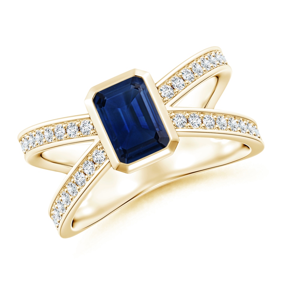 7x5mm AAA Emerald-Cut Blue Sapphire Criss Cross Solitaire Ring in Yellow Gold 
