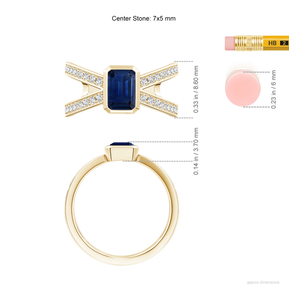7x5mm AAA Emerald-Cut Blue Sapphire Criss Cross Solitaire Ring in Yellow Gold ruler