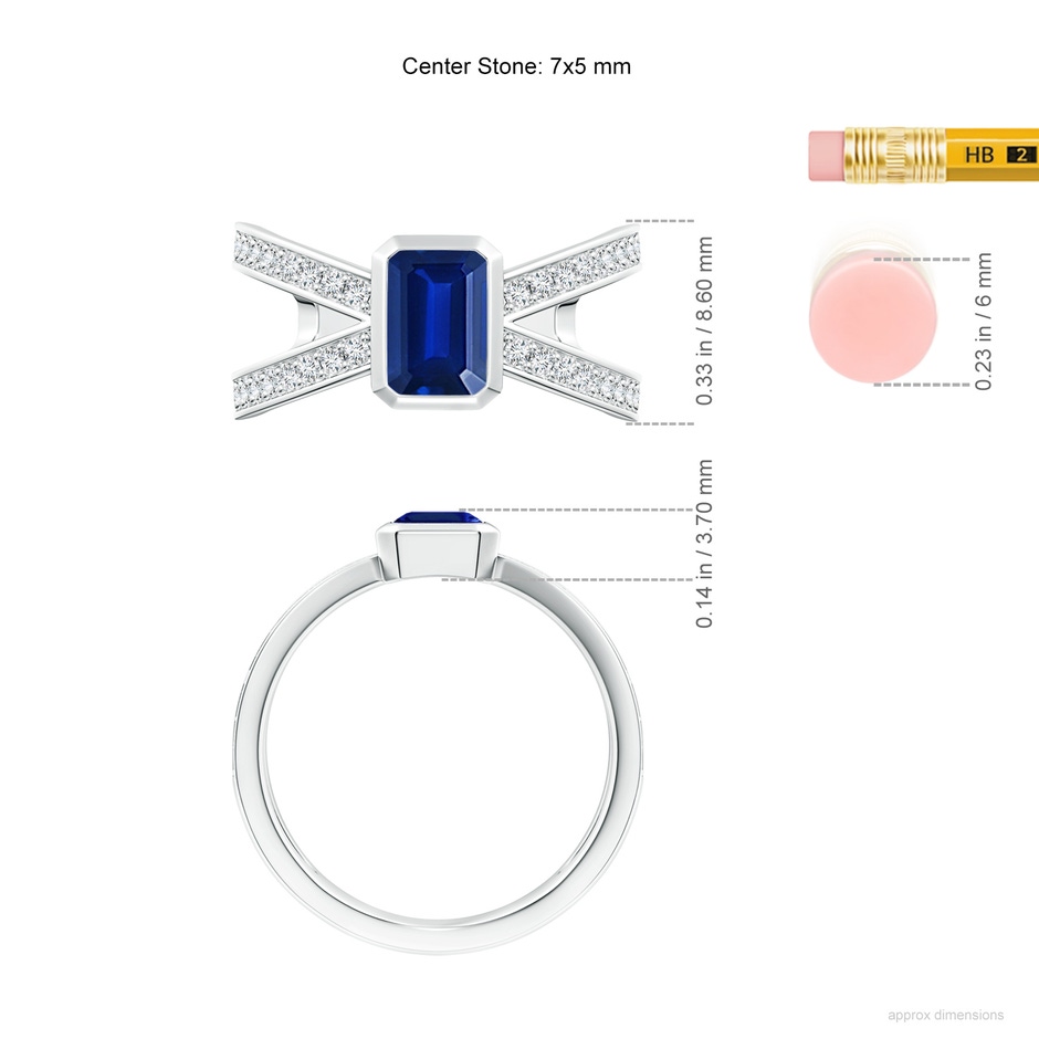7x5mm AAAA Emerald-Cut Blue Sapphire Criss Cross Solitaire Ring in P950 Platinum ruler