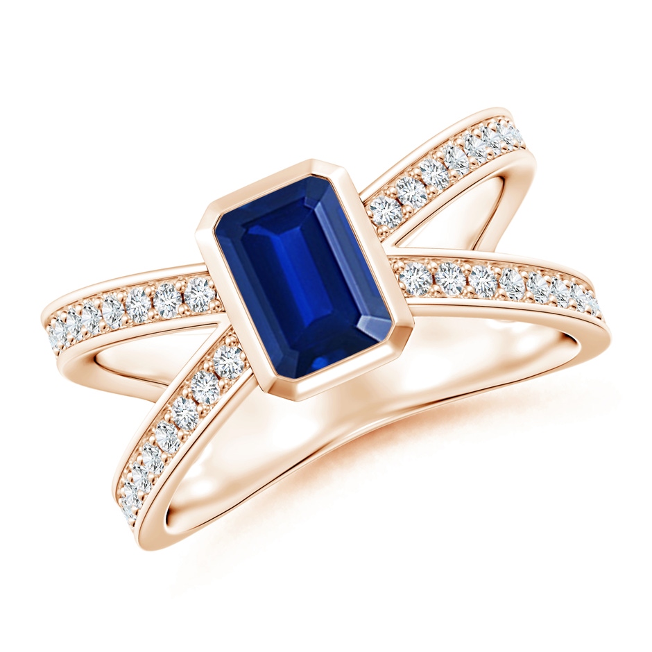 7x5mm AAAA Emerald-Cut Blue Sapphire Criss Cross Solitaire Ring in Rose Gold 