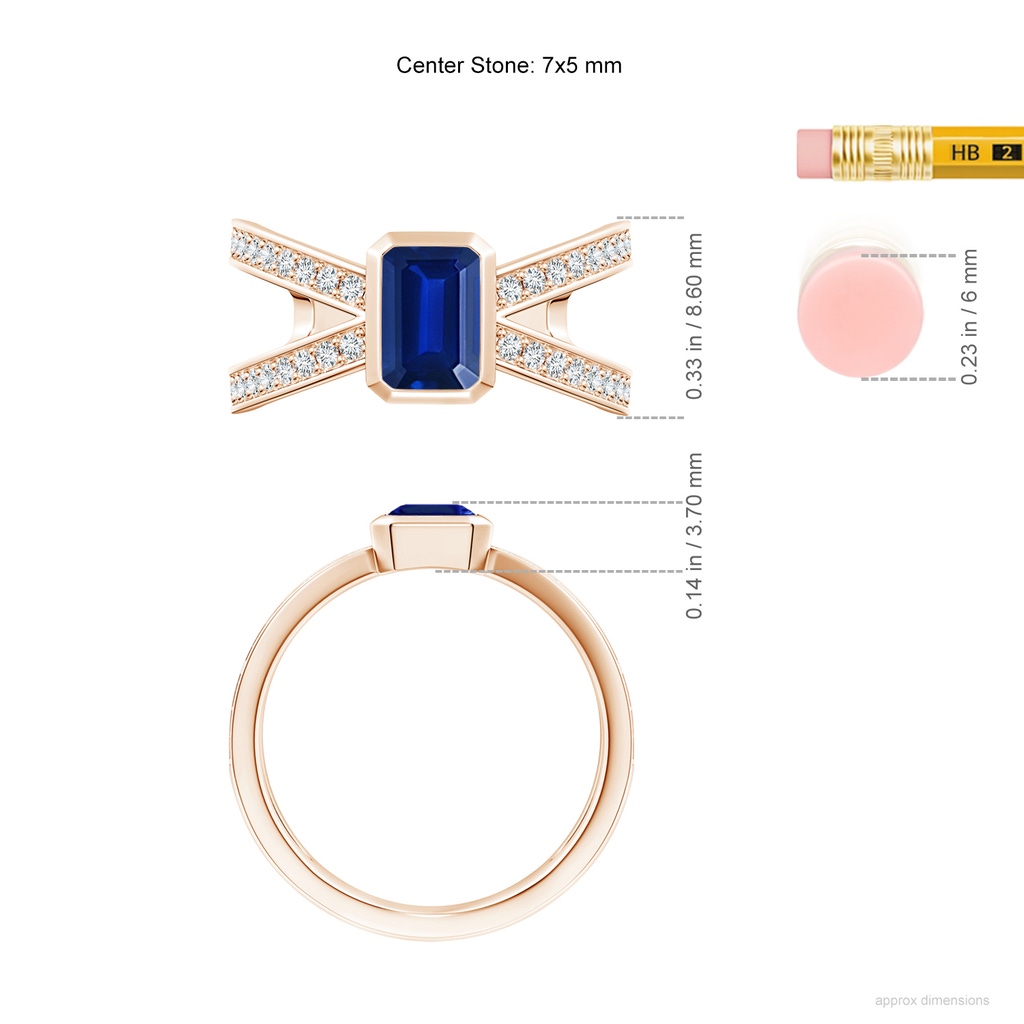 7x5mm AAAA Emerald-Cut Blue Sapphire Criss Cross Solitaire Ring in Rose Gold ruler