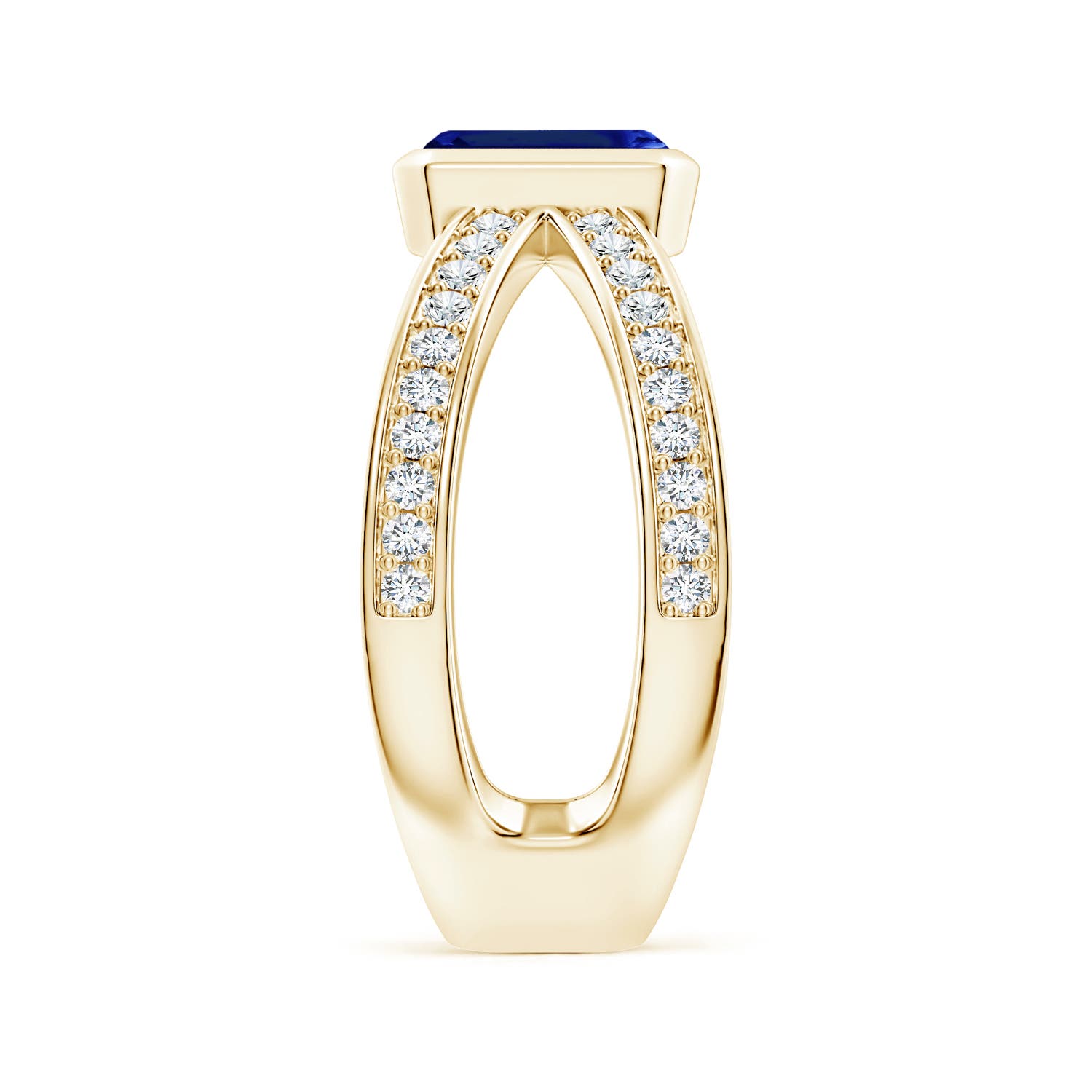 7x5mm AAAA Emerald-Cut Blue Sapphire Criss Cross Solitaire Ring in Yellow Gold - side 3