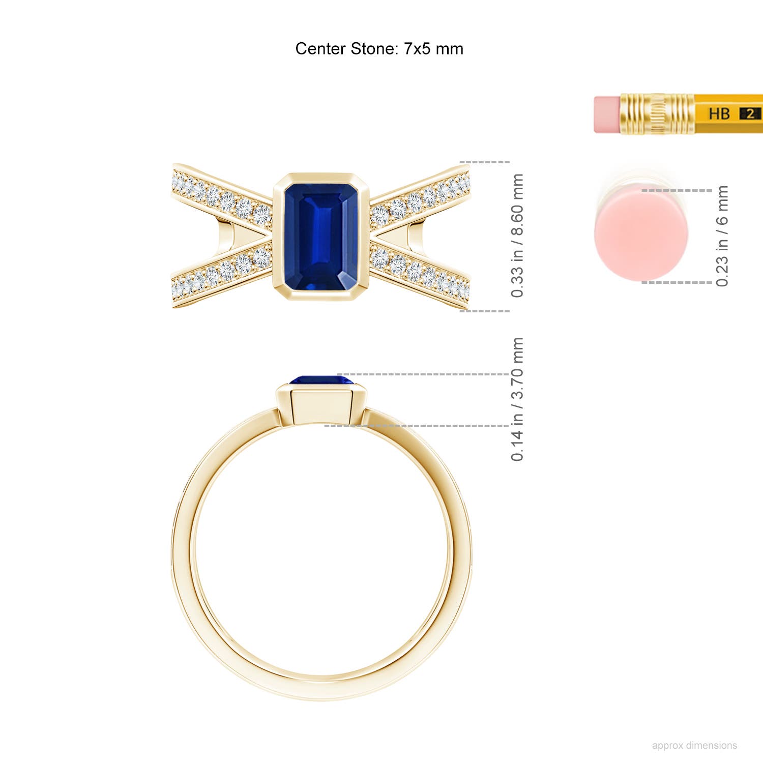 7x5mm AAAA Emerald-Cut Blue Sapphire Criss Cross Solitaire Ring in Yellow Gold - ruler
