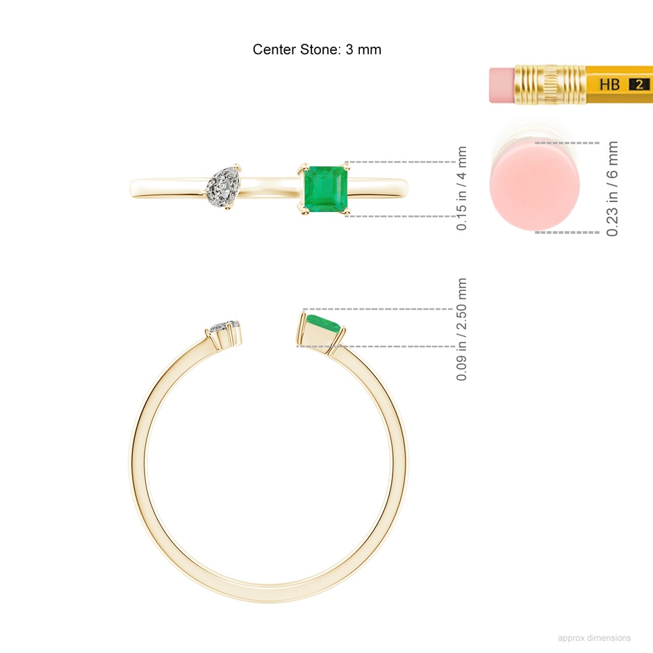 3mm A Two-Stone Square Emerald & Pear Diamond Open Ring in Yellow Gold ruler