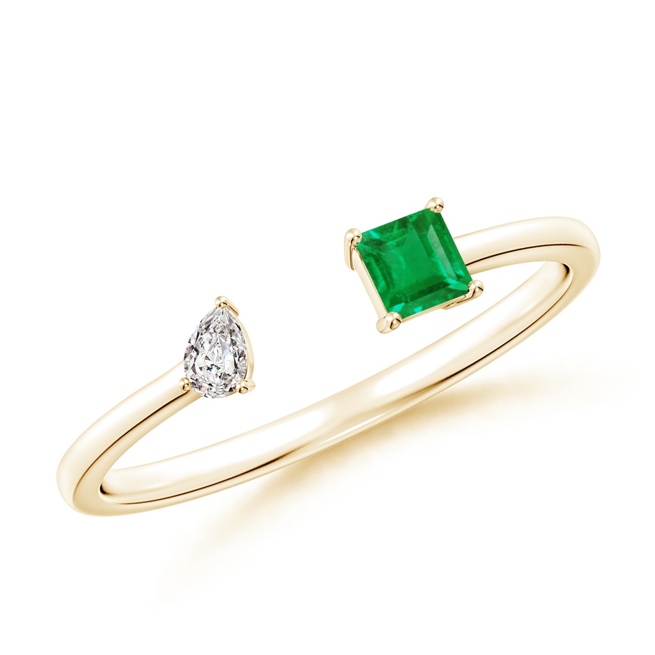 3mm AA Two-Stone Square Emerald & Pear Diamond Open Ring in 10K Yellow Gold 