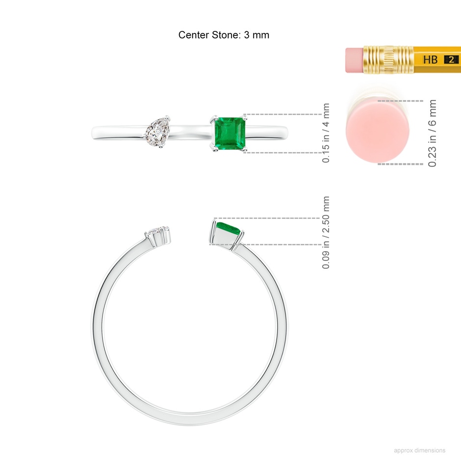 3mm AA Two-Stone Square Emerald & Pear Diamond Open Ring in S999 Silver ruler