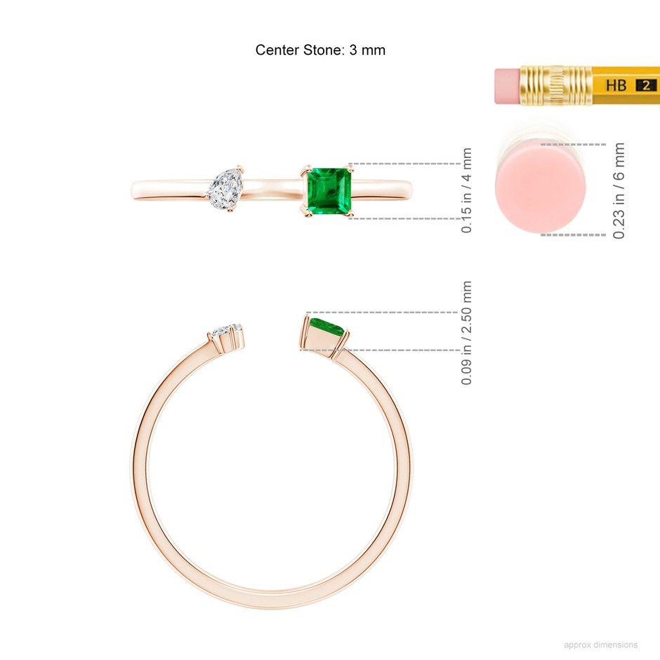 3mm AAA Two-Stone Square Emerald & Pear Diamond Open Ring in Rose Gold ruler
