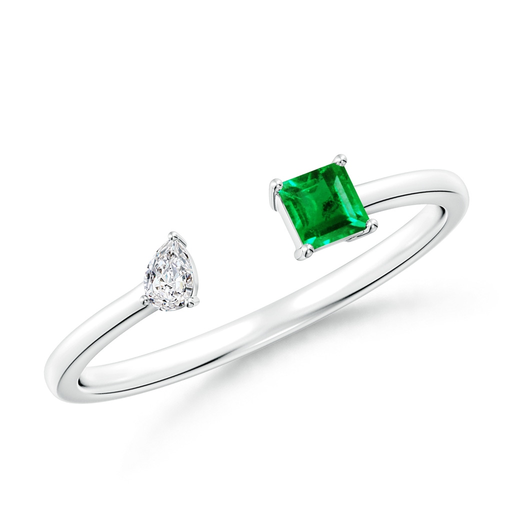 3mm AAA Two-Stone Square Emerald & Pear Diamond Open Ring in White Gold 