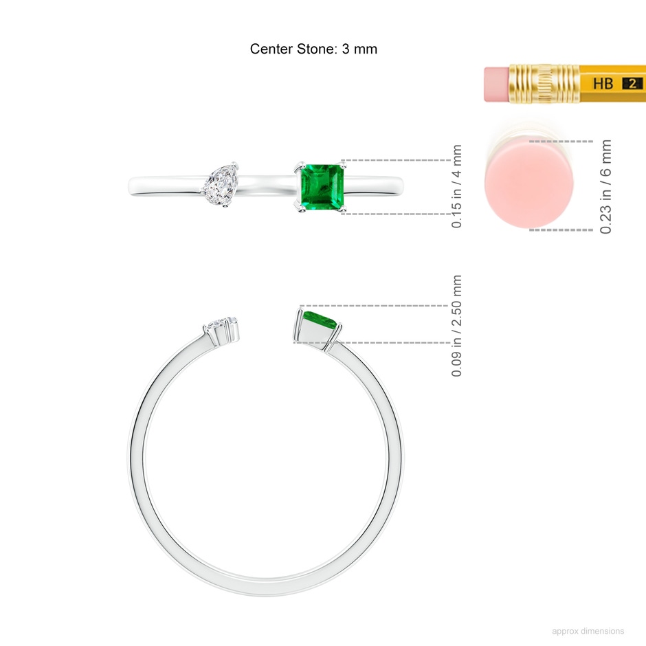 3mm AAA Two-Stone Square Emerald & Pear Diamond Open Ring in White Gold ruler