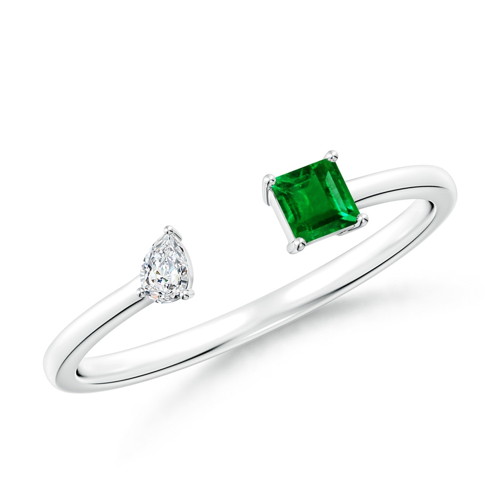 3mm AAAA Two-Stone Square Emerald & Pear Diamond Open Ring in P950 Platinum