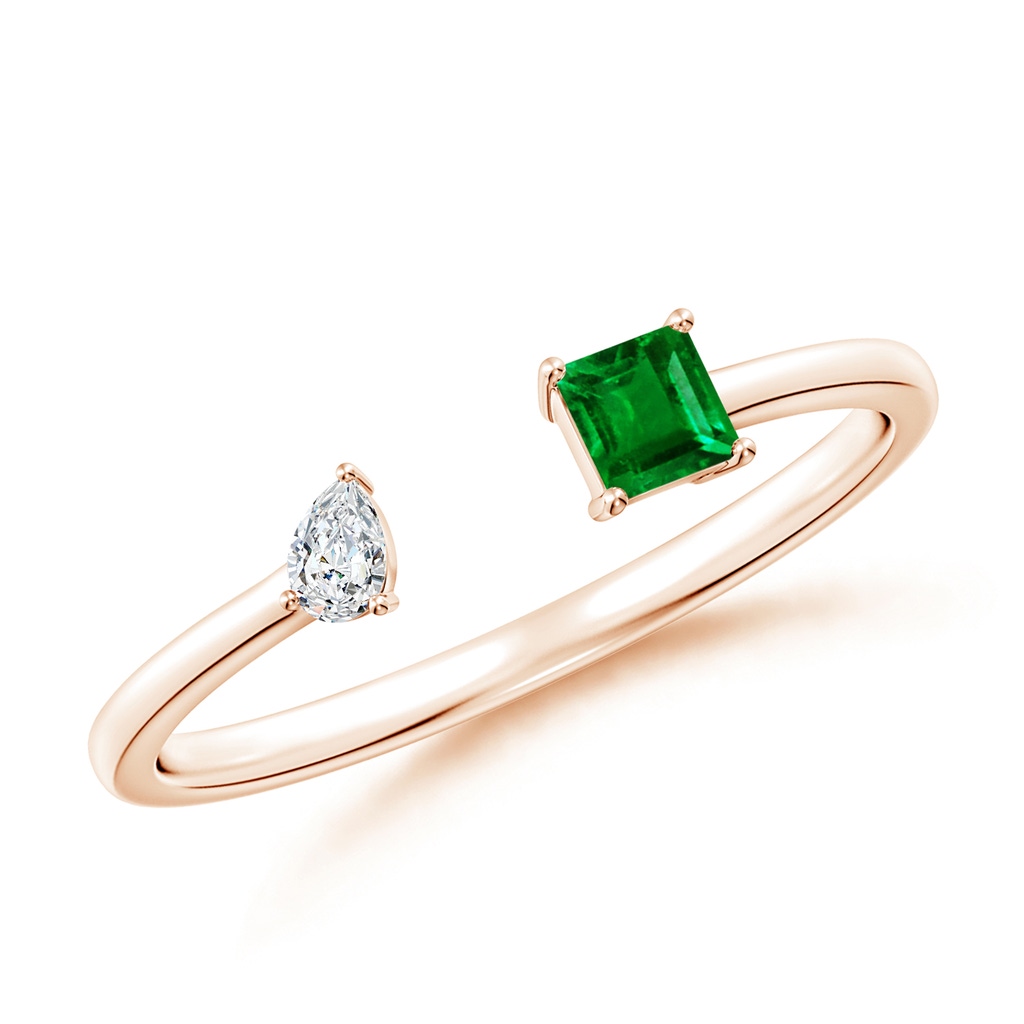 3mm AAAA Two-Stone Square Emerald & Pear Diamond Open Ring in Rose Gold