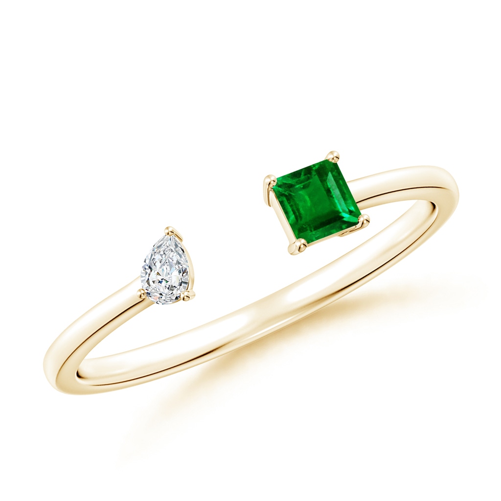3mm AAAA Two-Stone Square Emerald & Pear Diamond Open Ring in Yellow Gold