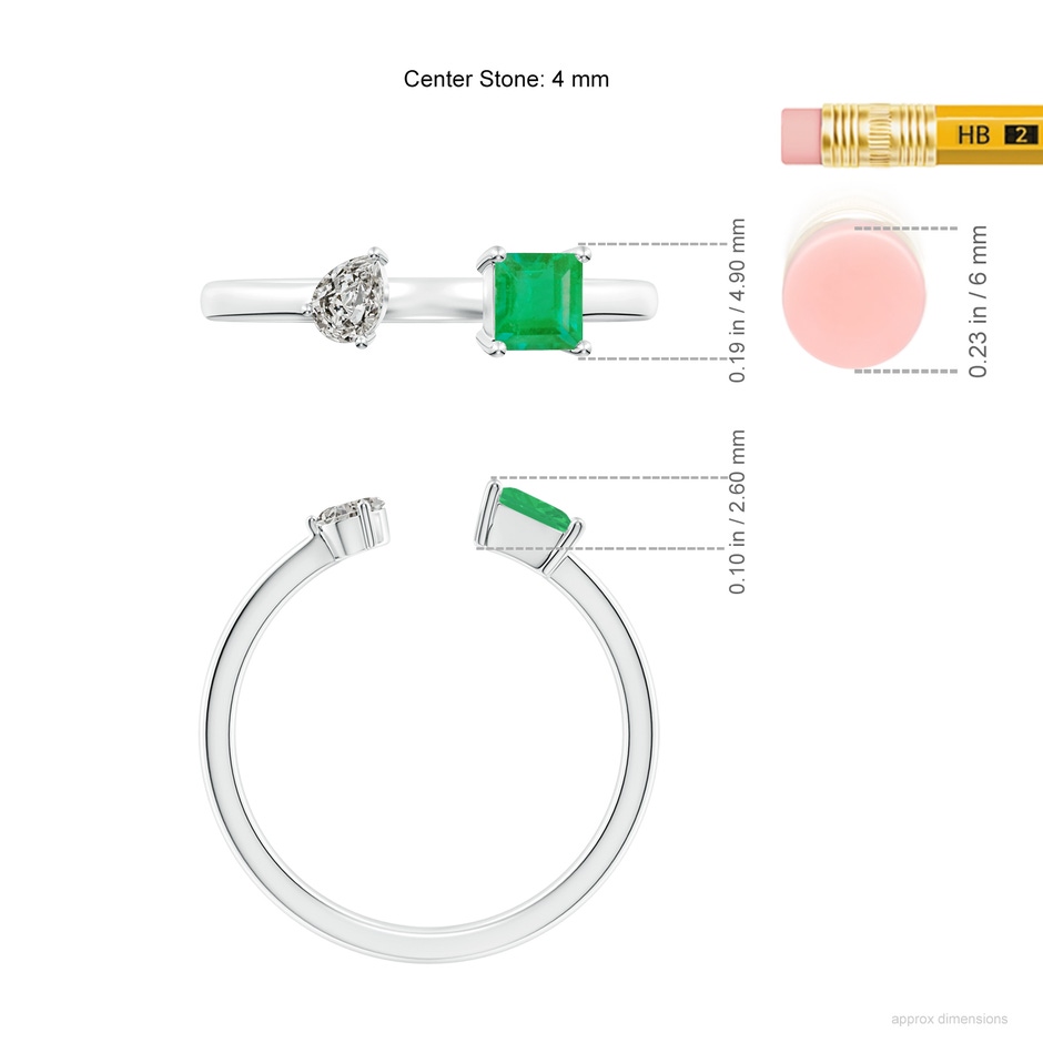 4mm A Two-Stone Square Emerald & Pear Diamond Open Ring in P950 Platinum ruler