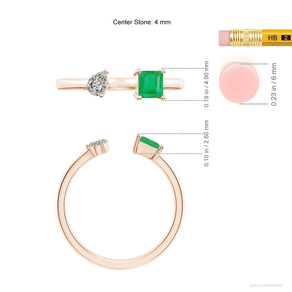 4mm A Two-Stone Square Emerald & Pear Diamond Open Ring in Rose Gold ruler