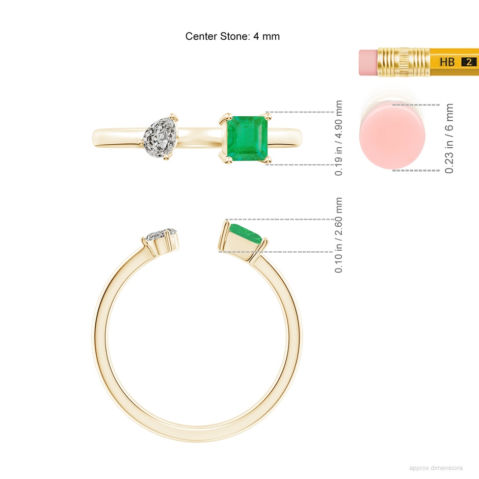 4mm A Two-Stone Square Emerald & Pear Diamond Open Ring in Yellow Gold ruler