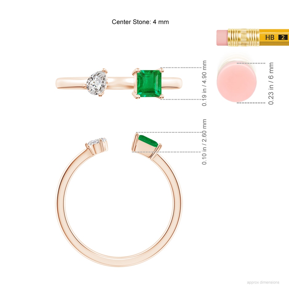 4mm AA Two-Stone Square Emerald & Pear Diamond Open Ring in Rose Gold ruler