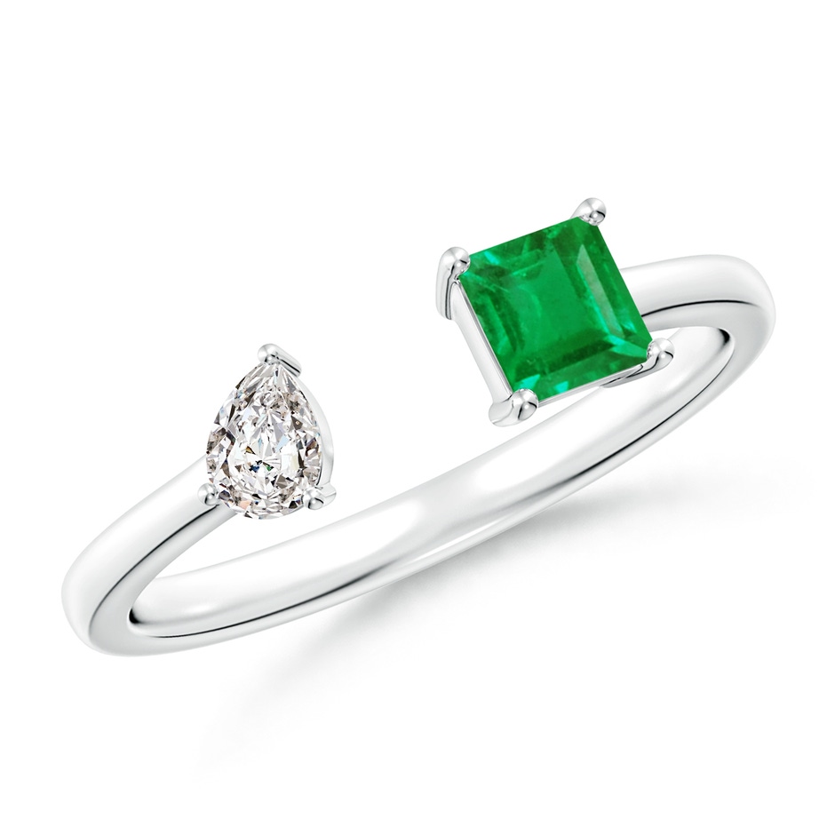 4mm AA Two-Stone Square Emerald & Pear Diamond Open Ring in White Gold 