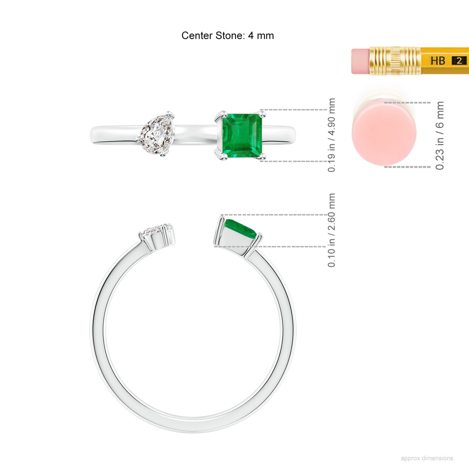 4mm AA Two-Stone Square Emerald & Pear Diamond Open Ring in White Gold ruler