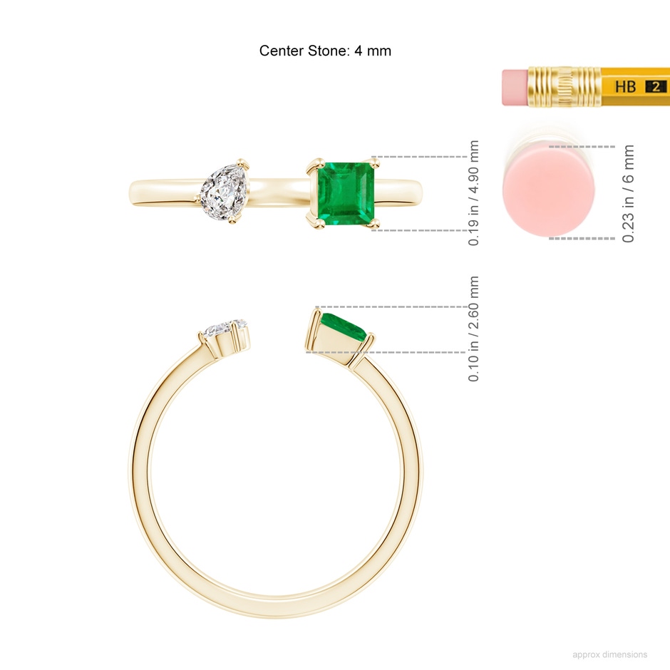 4mm AA Two-Stone Square Emerald & Pear Diamond Open Ring in Yellow Gold ruler
