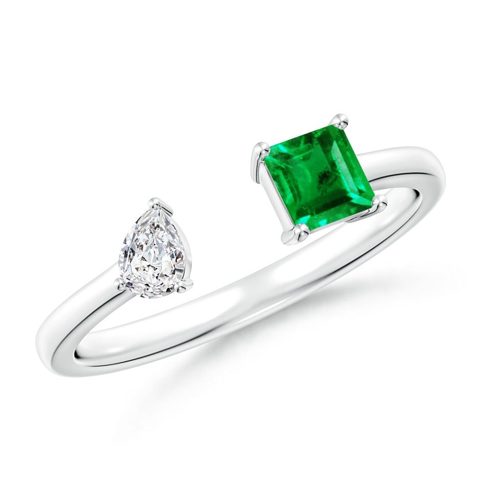 4mm AAA Two-Stone Square Emerald & Pear Diamond Open Ring in White Gold 