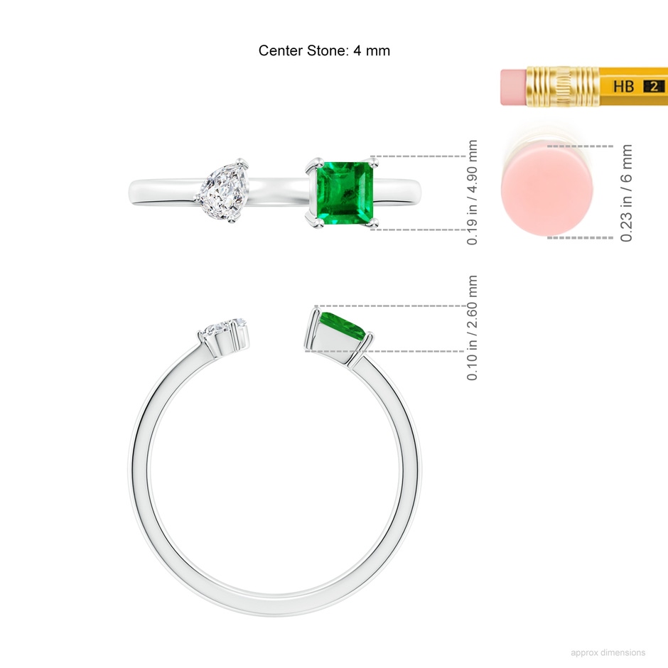 4mm AAA Two-Stone Square Emerald & Pear Diamond Open Ring in White Gold ruler