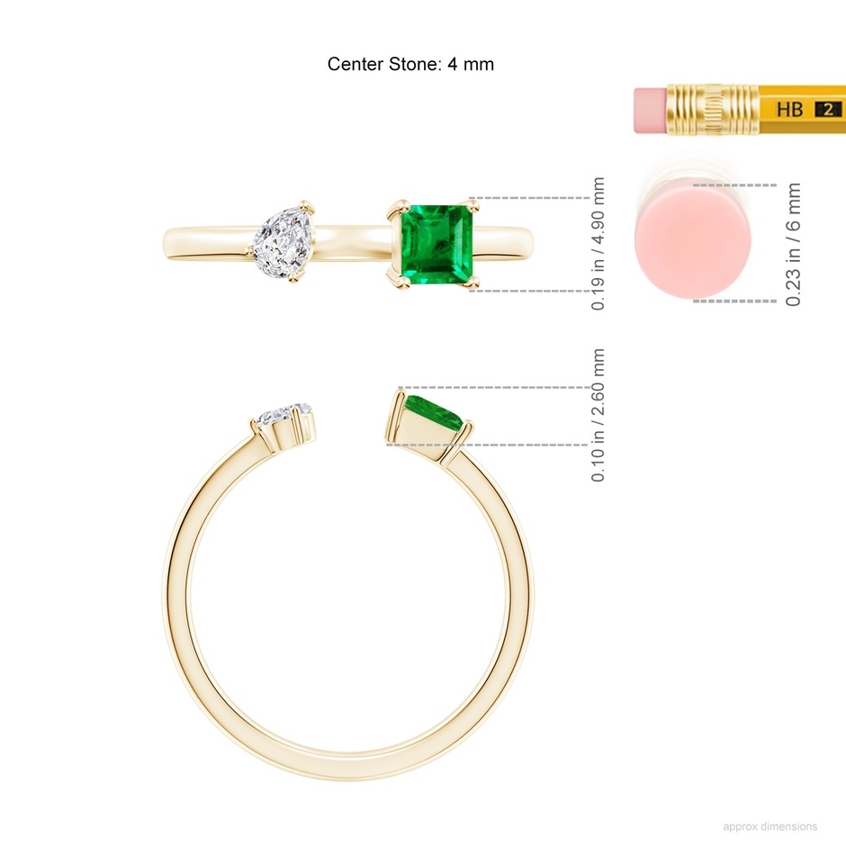 4mm AAA Two-Stone Square Emerald & Pear Diamond Open Ring in Yellow Gold ruler