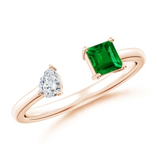 4mm AAAA Two-Stone Square Emerald & Pear Diamond Open Ring in 9K Rose Gold