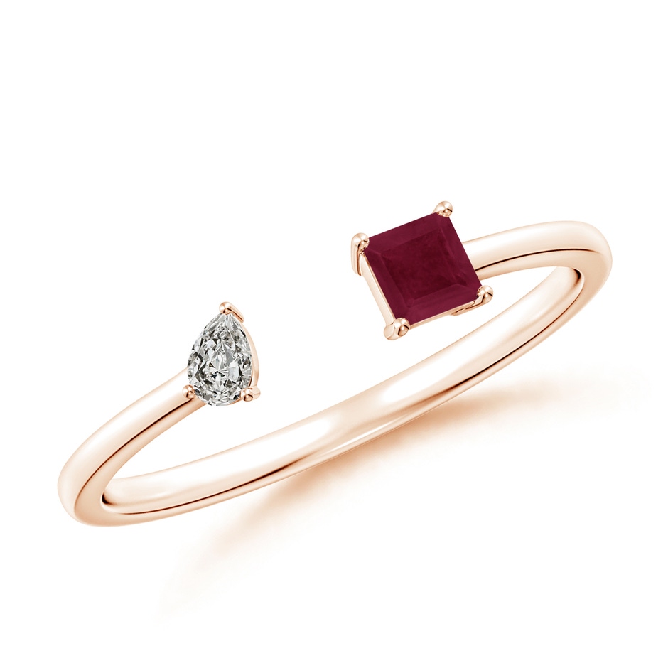3mm A Two-Stone Square Ruby & Pear Diamond Open Ring in Rose Gold 
