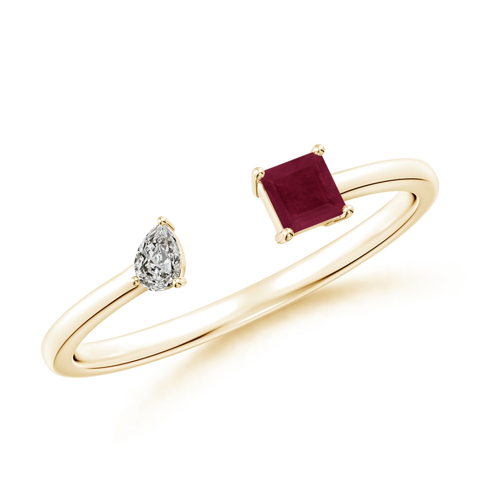3mm A Two-Stone Square Ruby & Pear Diamond Open Ring in Yellow Gold 
