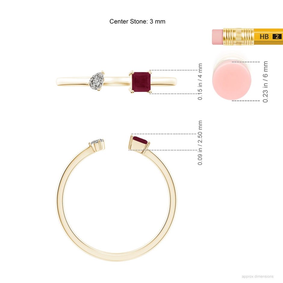 3mm A Two-Stone Square Ruby & Pear Diamond Open Ring in Yellow Gold ruler