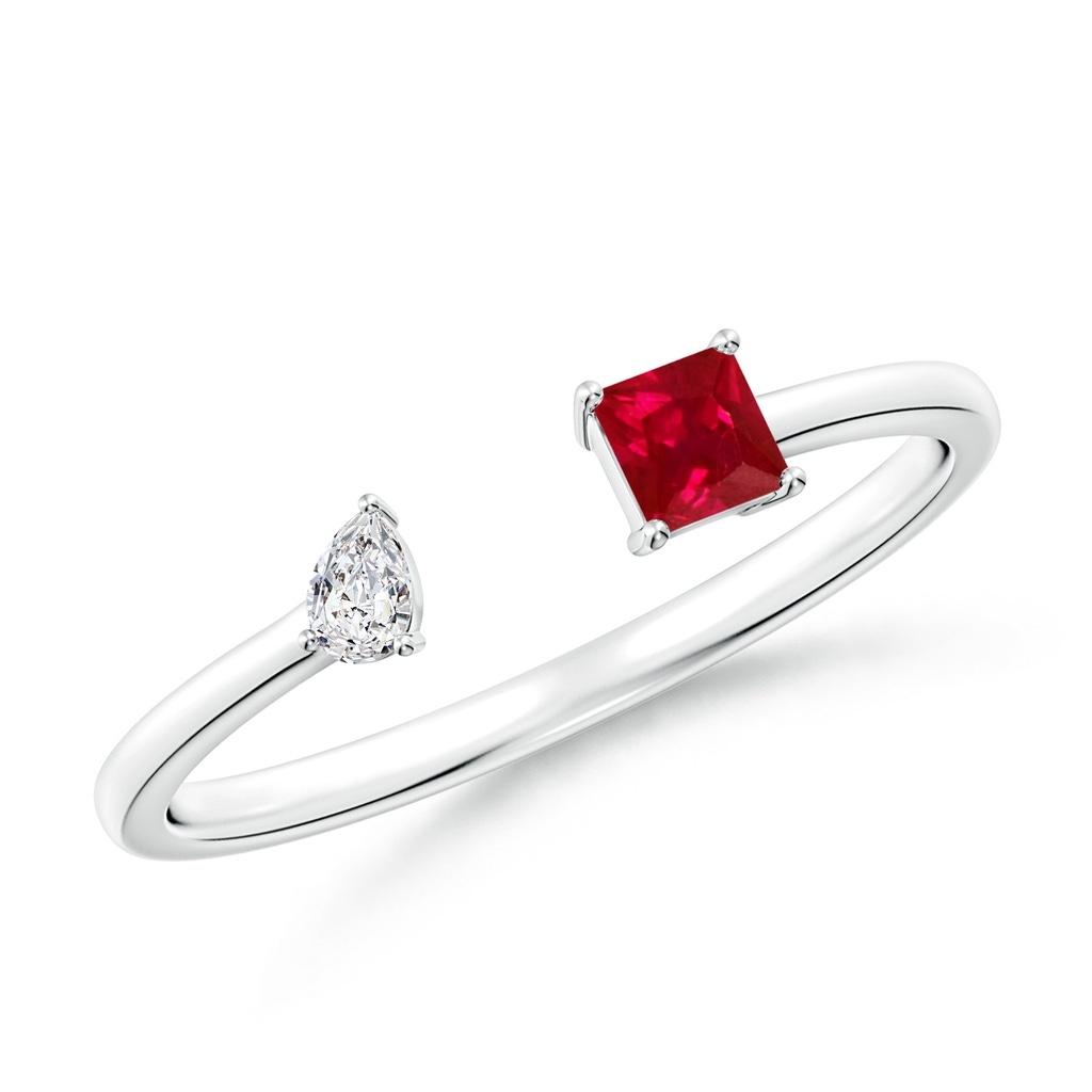 3mm AAA Two-Stone Square Ruby & Pear Diamond Open Ring in White Gold 