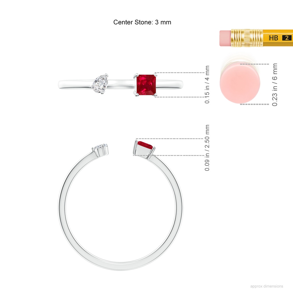 3mm AAA Two-Stone Square Ruby & Pear Diamond Open Ring in White Gold ruler